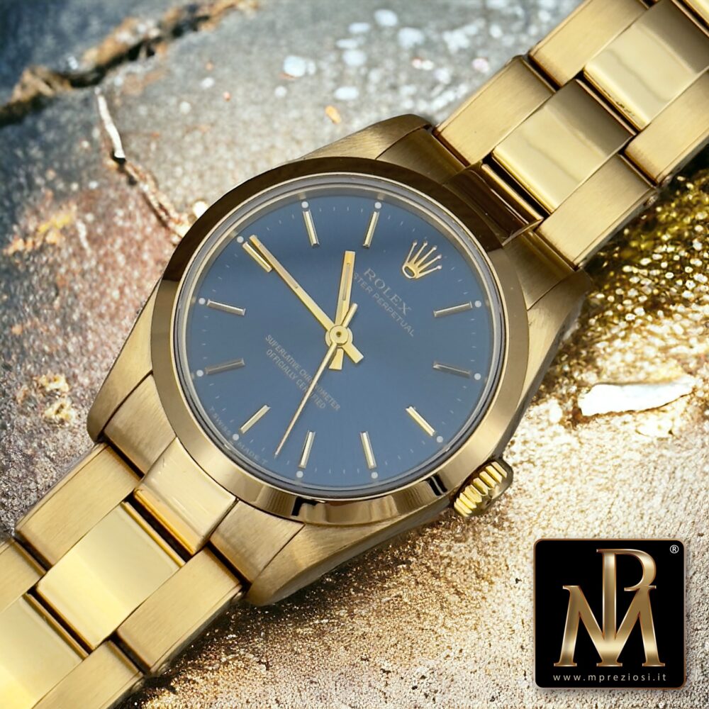 Rolex Oyster perpetual 67488 blue dial 18kt full gold mpreziosi orologi