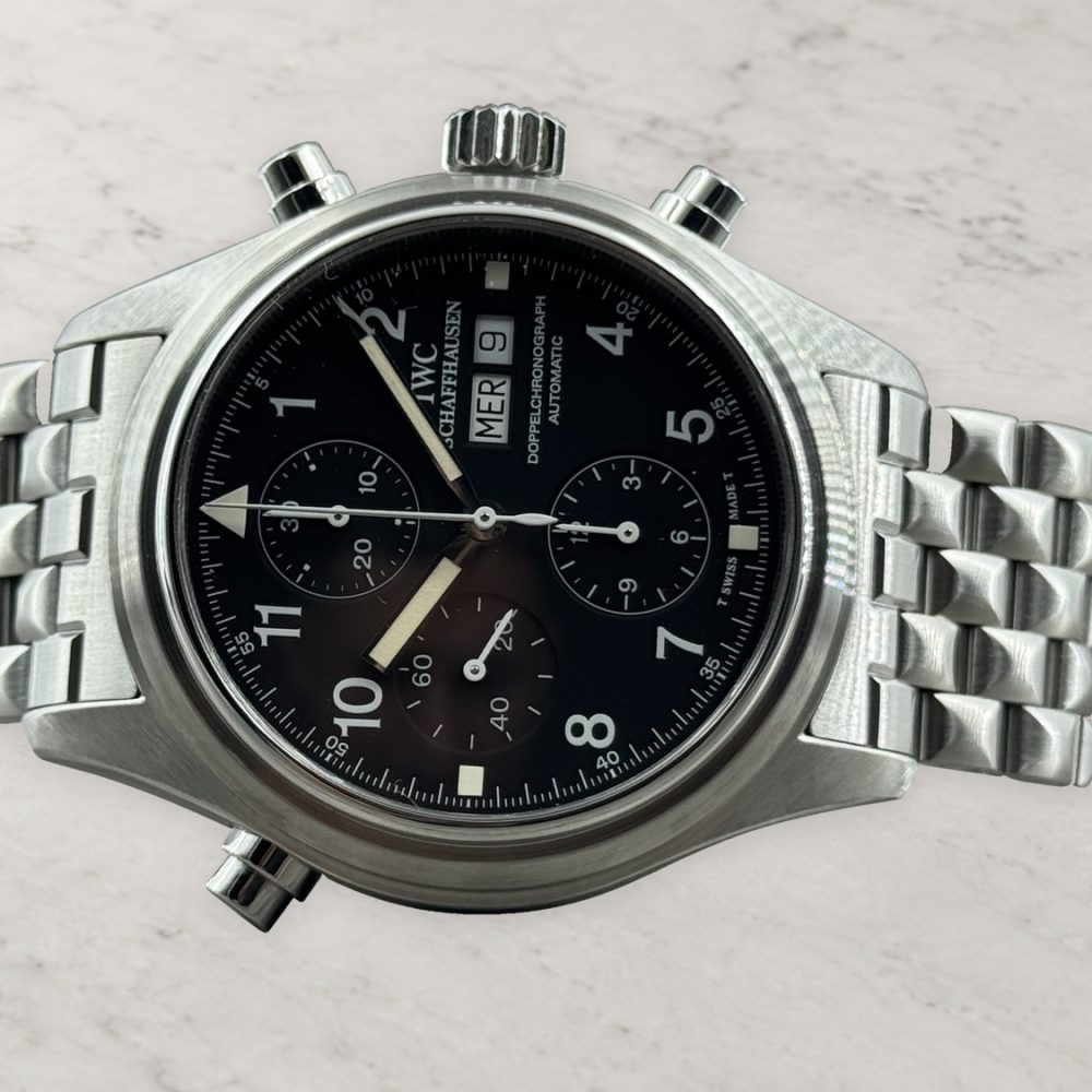 IWC Doppelchronograph 3713 del 1999 con quadrante nero e bracciale in acciaio