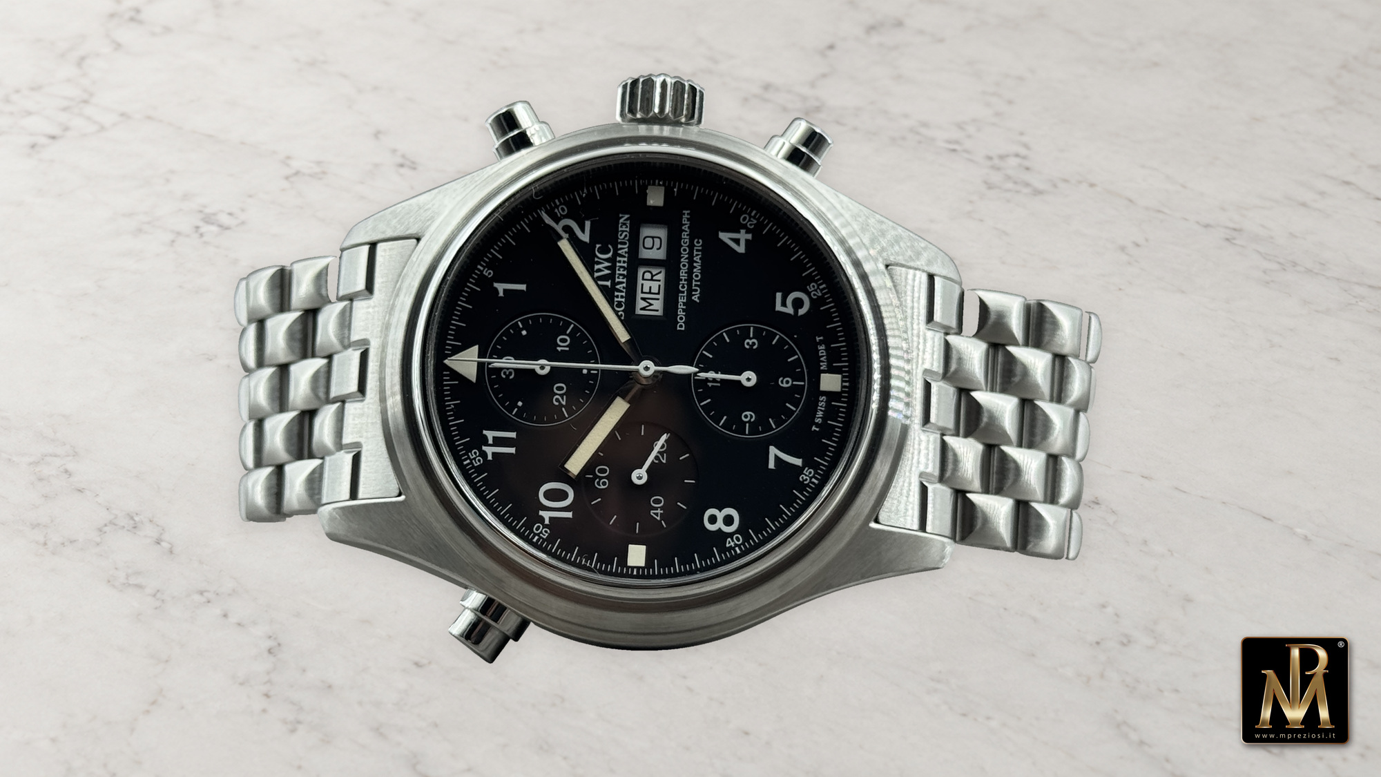 IWC Doppelchronograph 3713 del 1999 con quadrante nero e bracciale in acciaio