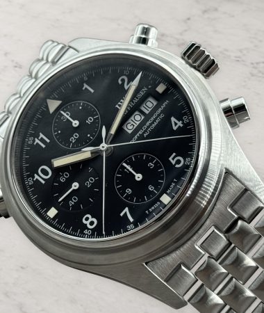 IWC Doppelchronograph 3713 del 1999 – vista obliqua del quadrante e del bracciale